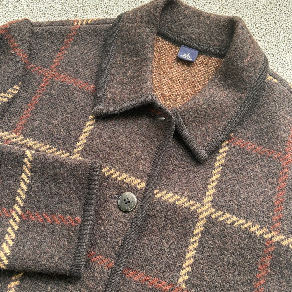 VTG Lands End Wool Cardigan 12P Brown Rope Plaid Button Dark Academia Old Money